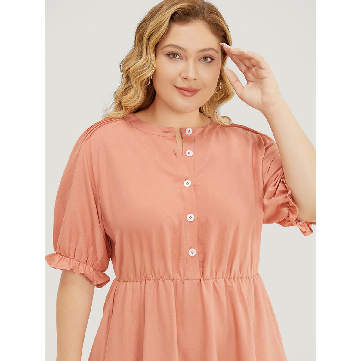 Plus Size Plain Ruffles Pocket Button Up Puff Sleeve Pleated Dress Salmon Women Office Pleated Round Neck Short sleeve Curvy Midi Dress BloomChic 14-16/1X Product Image