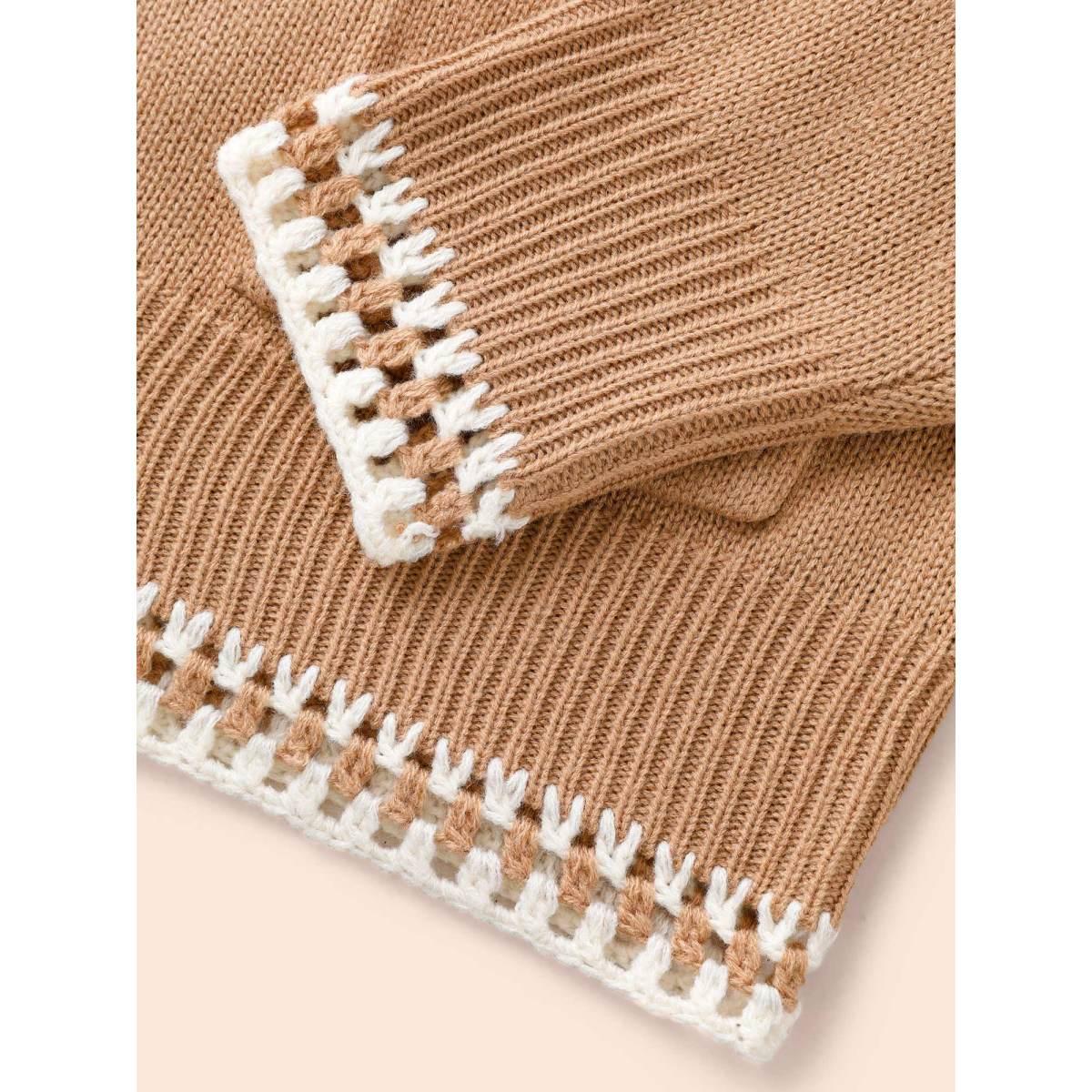 Plus Size Crochet Contrast Wool Blend Cardigan Tan Women Casual Loose Long Sleeve Everyday Cardigans BloomChic 18-20/2X Product Image