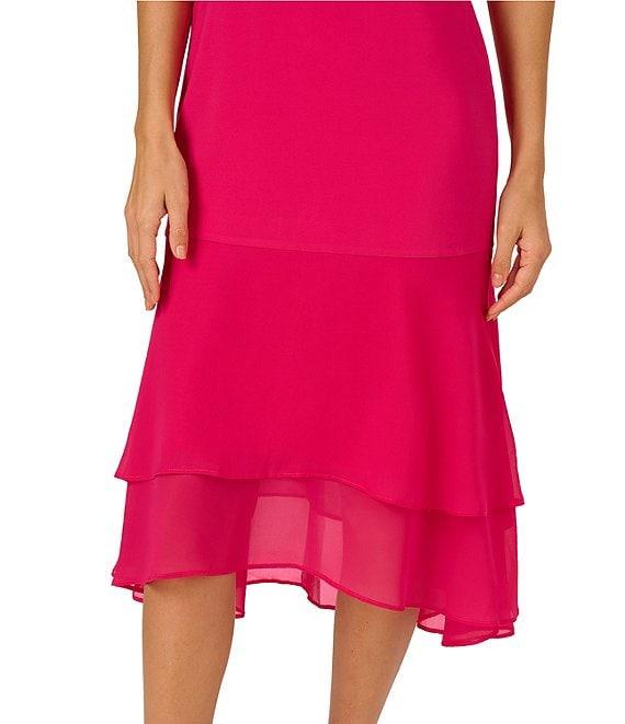 Adrianna Papell Chiffon Jersey V-Neck Short Sleeve High-Low Hem A-Line Midi Dress Product Image