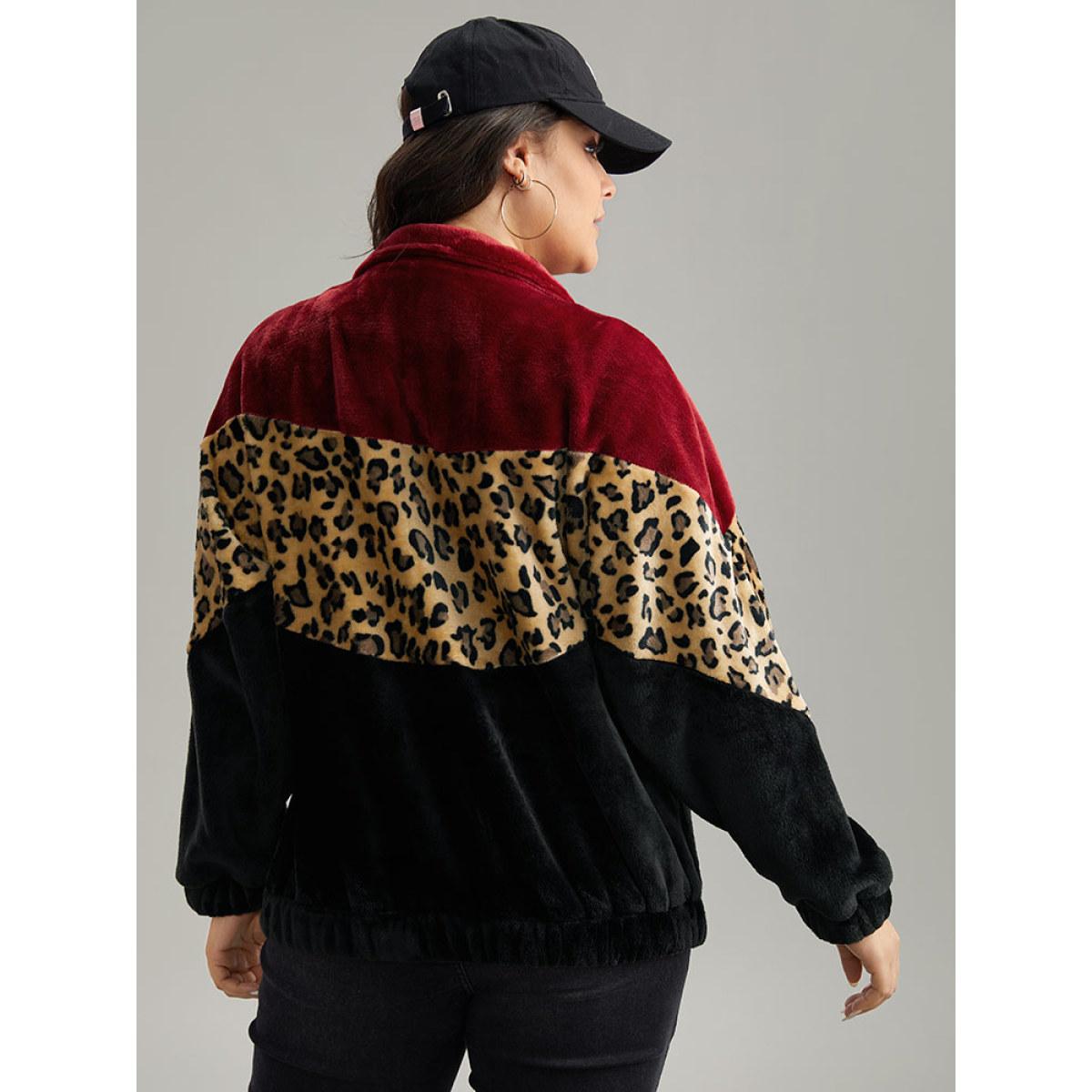 Plus Size Leopard Colorblock Contrast Zipper Jacket Women Scarlet Contrast Everyday Jackets BloomChic 10/M Product Image
