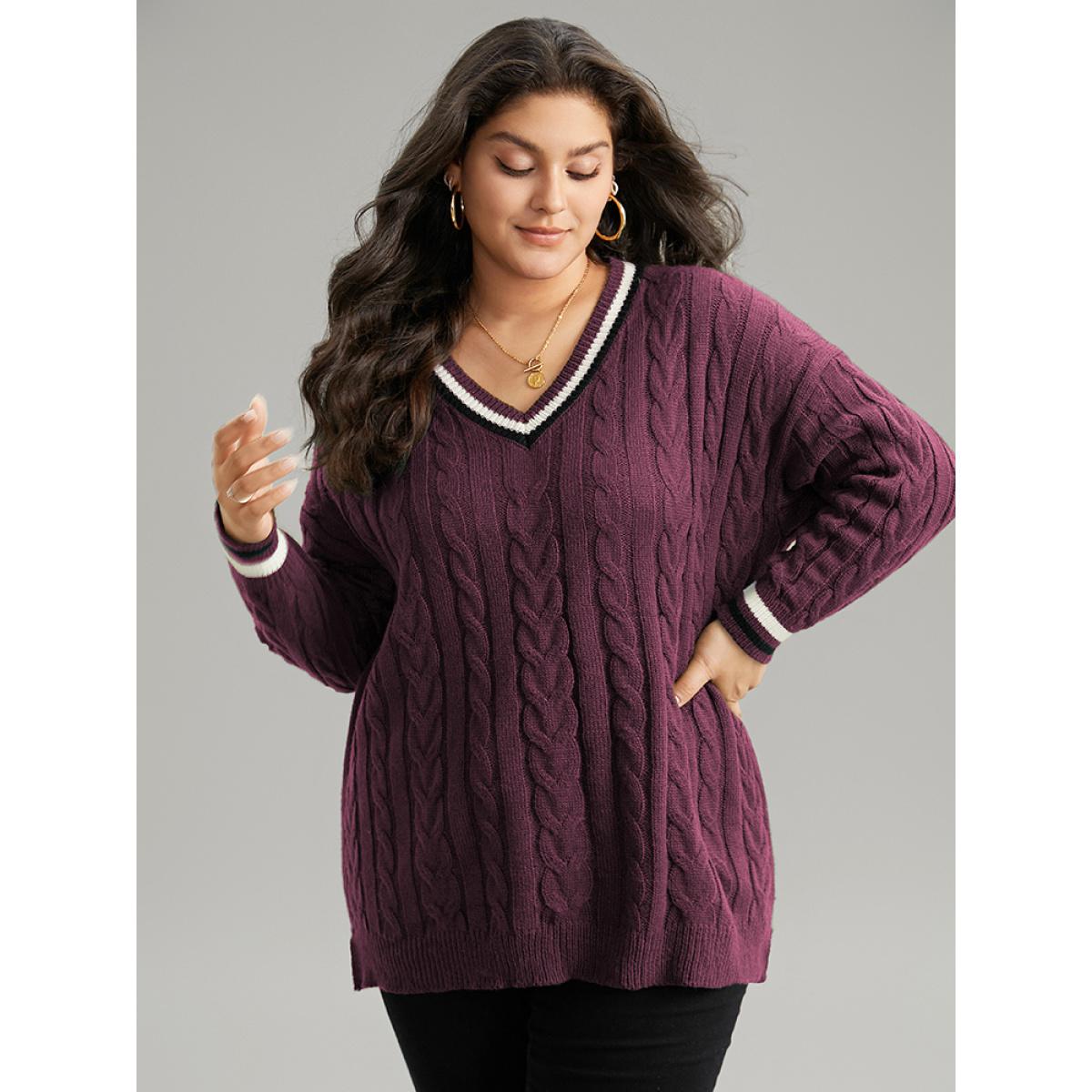 Plus Size Cable Knit Contrast Trim Drop Shoulder Pullover Burgundy Women Casual Loose Long Sleeve V-neck Dailywear Pullovers BloomChic 14-16/1X Product Image