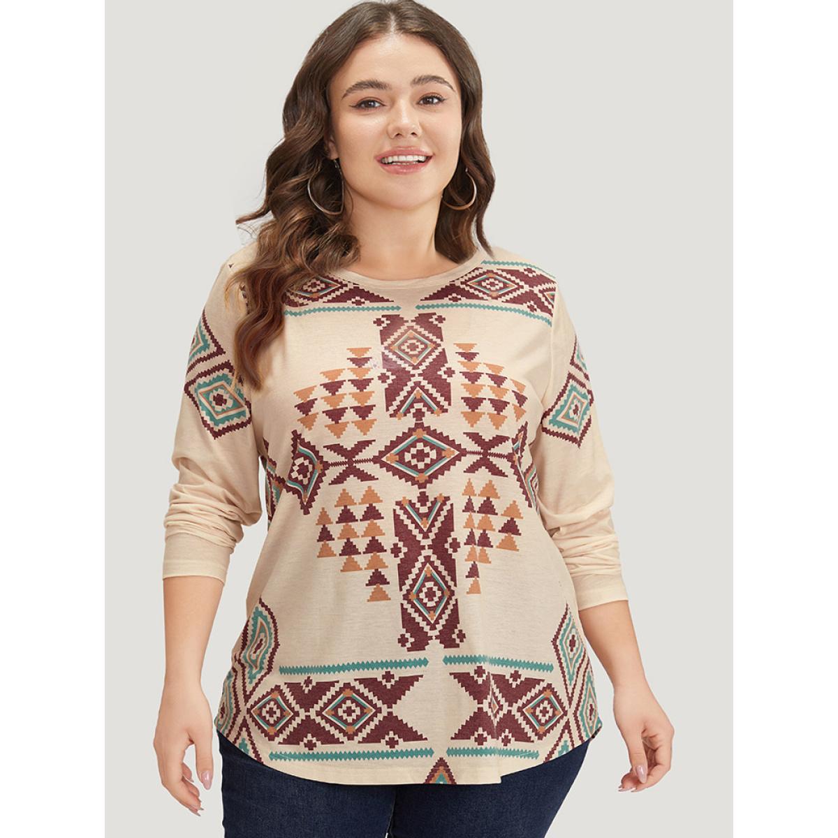 Plus Size Boho Print Crew Neck Curved Hem T-shirt Apricot Women Casual Printed Bohemian Print Round Neck Dailywear T-shirts BloomChic 14-16/1X Product Image