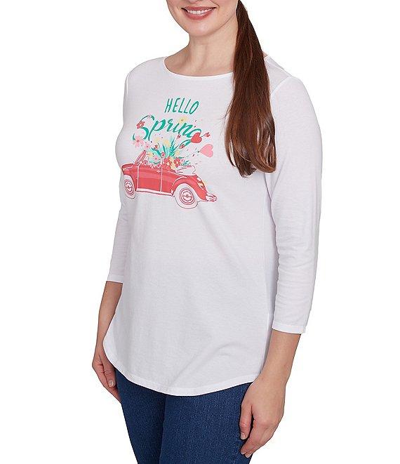 Ruby Rd. Hello Spring Floral Print Crew Neck 3/4 Sleeve Knit Top Product Image
