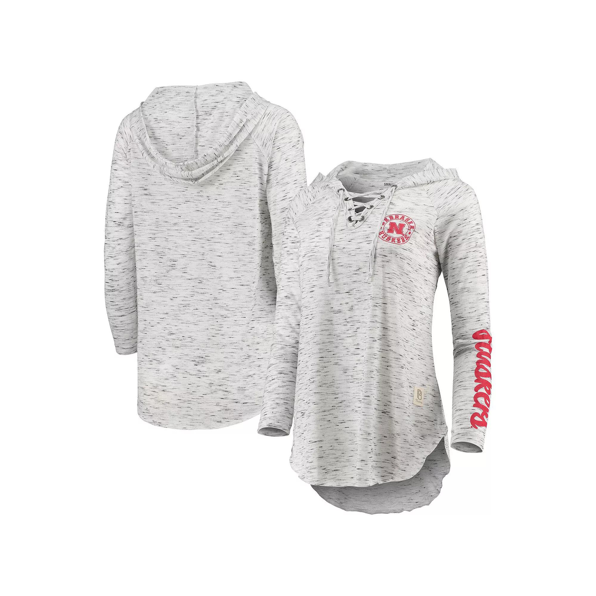 Womens Pressbox Gray Nebraska Huskers Space Dye Lace-Up V-Neck Long Sleeve T-Shirt Product Image