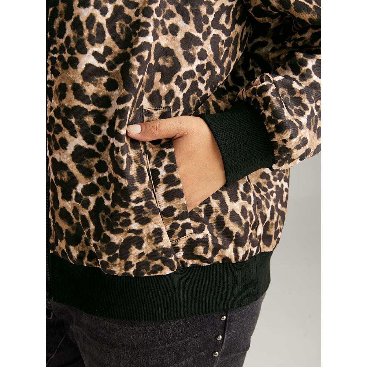 Plus Size Leopard Patchwork Zipper Pocket Jacket Women Leopard Elastic cuffs Pocket Dailywear Jackets BloomChic 12/L Product Image