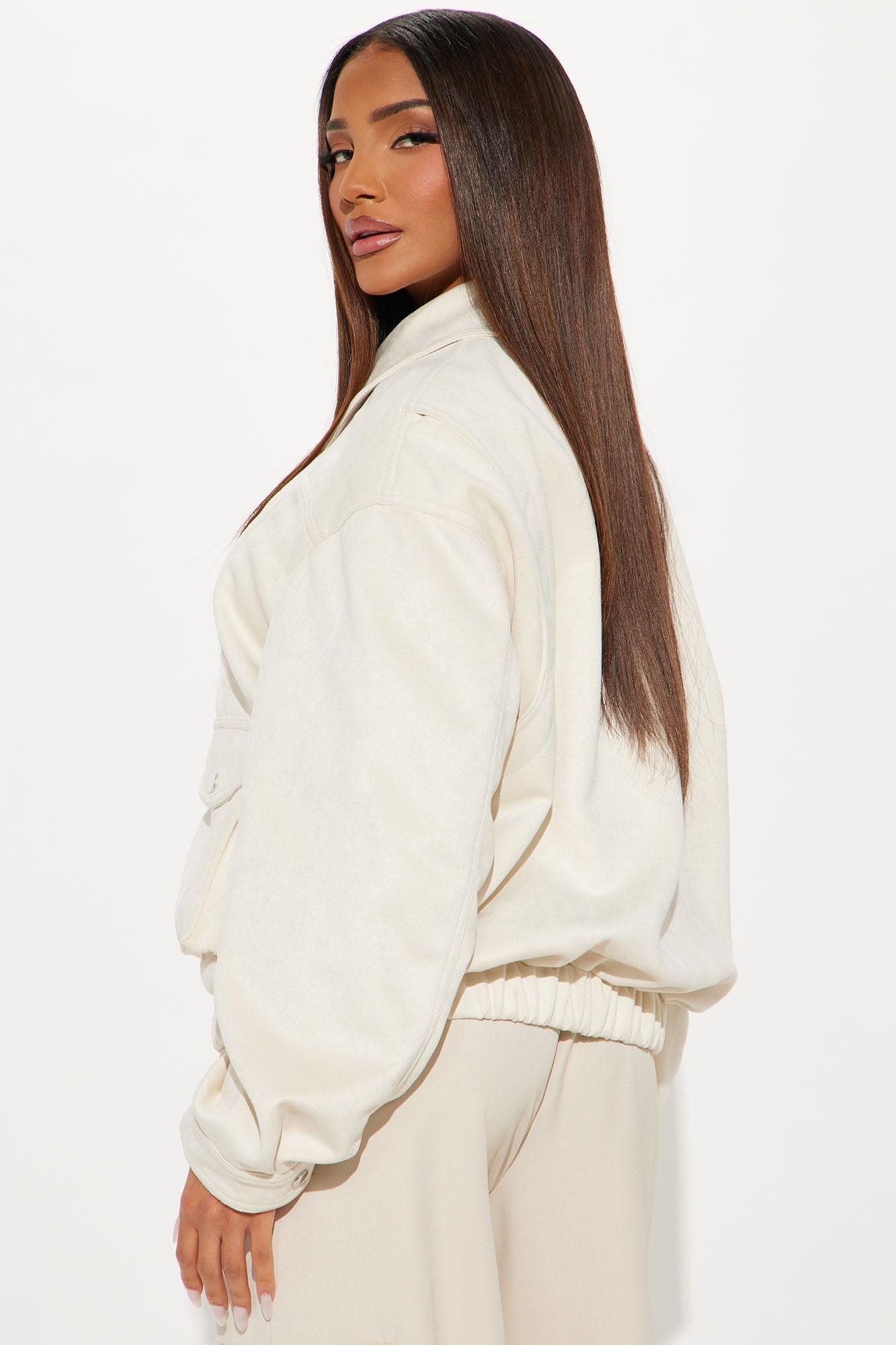 Delilah Washed Faux Suede Bomber Jacket - Cream Product Image