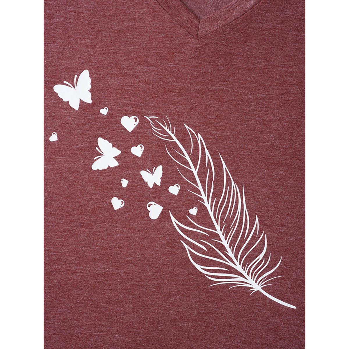 Plus Size Feather Print V-Neck Fitted T-Shirt Scarlet Women Leisure Non Butterfly V-neck Casual T-shirts BloomChic 12/L Product Image