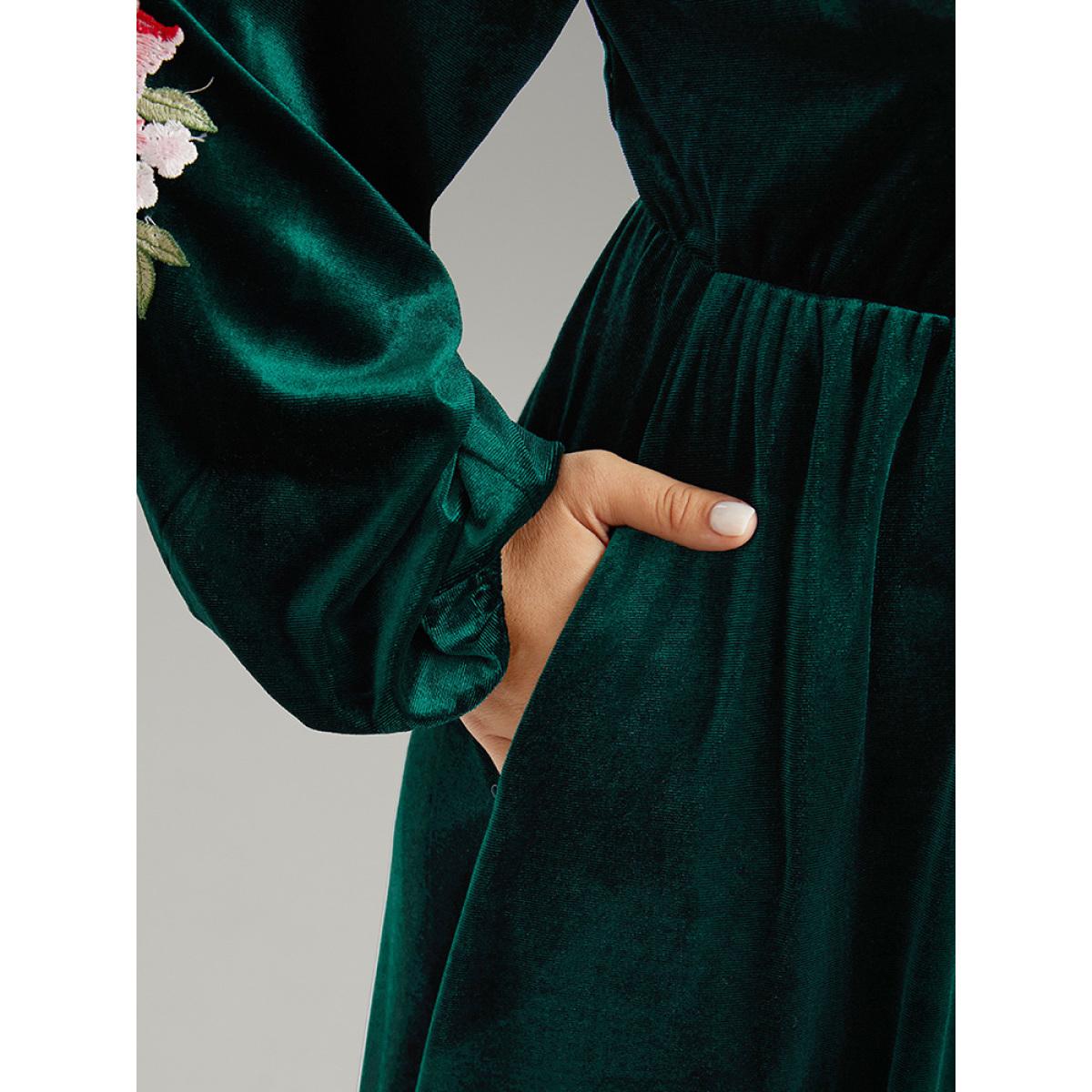 Plus Size Velvet Floral Ties Gathered Lantern Sleeve Dress DarkGreen Women Vacation Elastic cuffs Tie Neck Long Sleeve Curvy Midi Dress BloomChic 22-24/3X Product Image