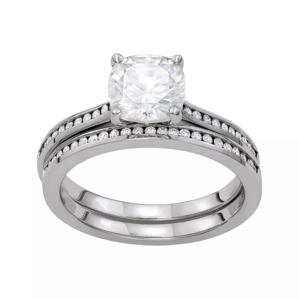 Charles & Colvard 14k White Gold 2 3/4 Carat T.W. Lab Created Moissanite Cushion Engagement Ring Set, Women's, Size: 7, 14k Whgold Product Image