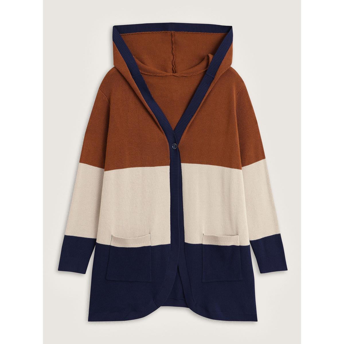 Plus Size Colorblock Contrast Patched Pocket Hooded Cardigan Browncoffeecolor Women Leisure Loose Long Sleeve Casual Cardigans BloomChic 30/6X Product Image