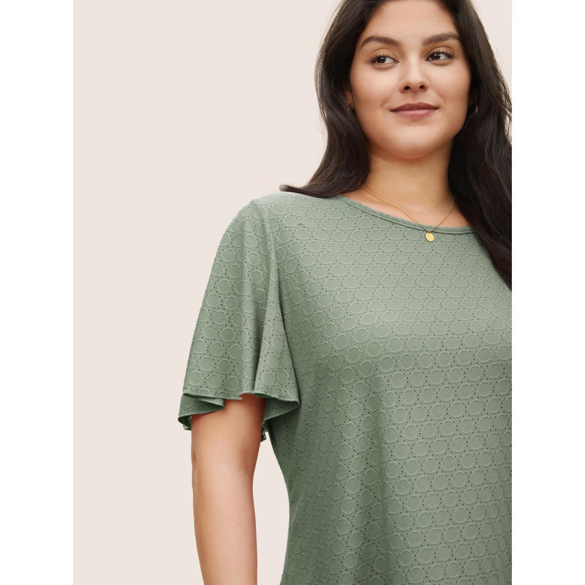 Plus Size Plain Textured Geometric Flutter Sleeve T-shirt Mint Women Elegant Texture Plain Round Neck Everyday T-shirts BloomChic 22-24/3X Product Image