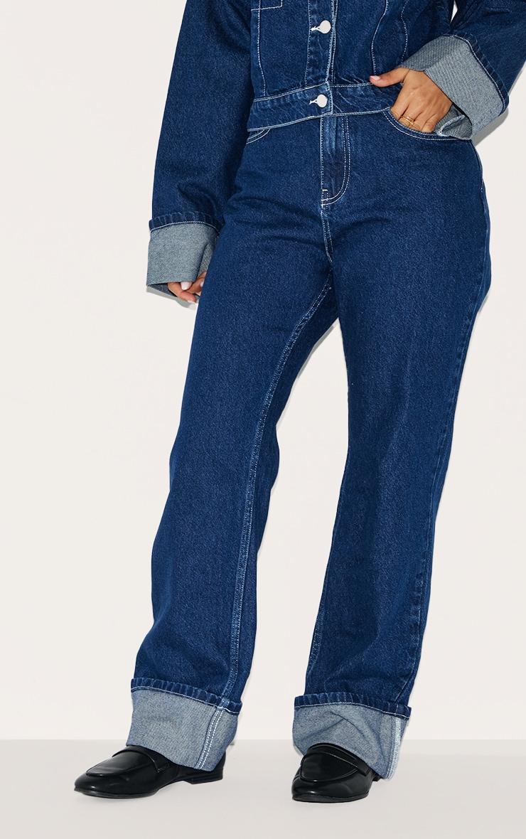 Petite Indigo Denim Turn Up Wide Leg Jeans Product Image