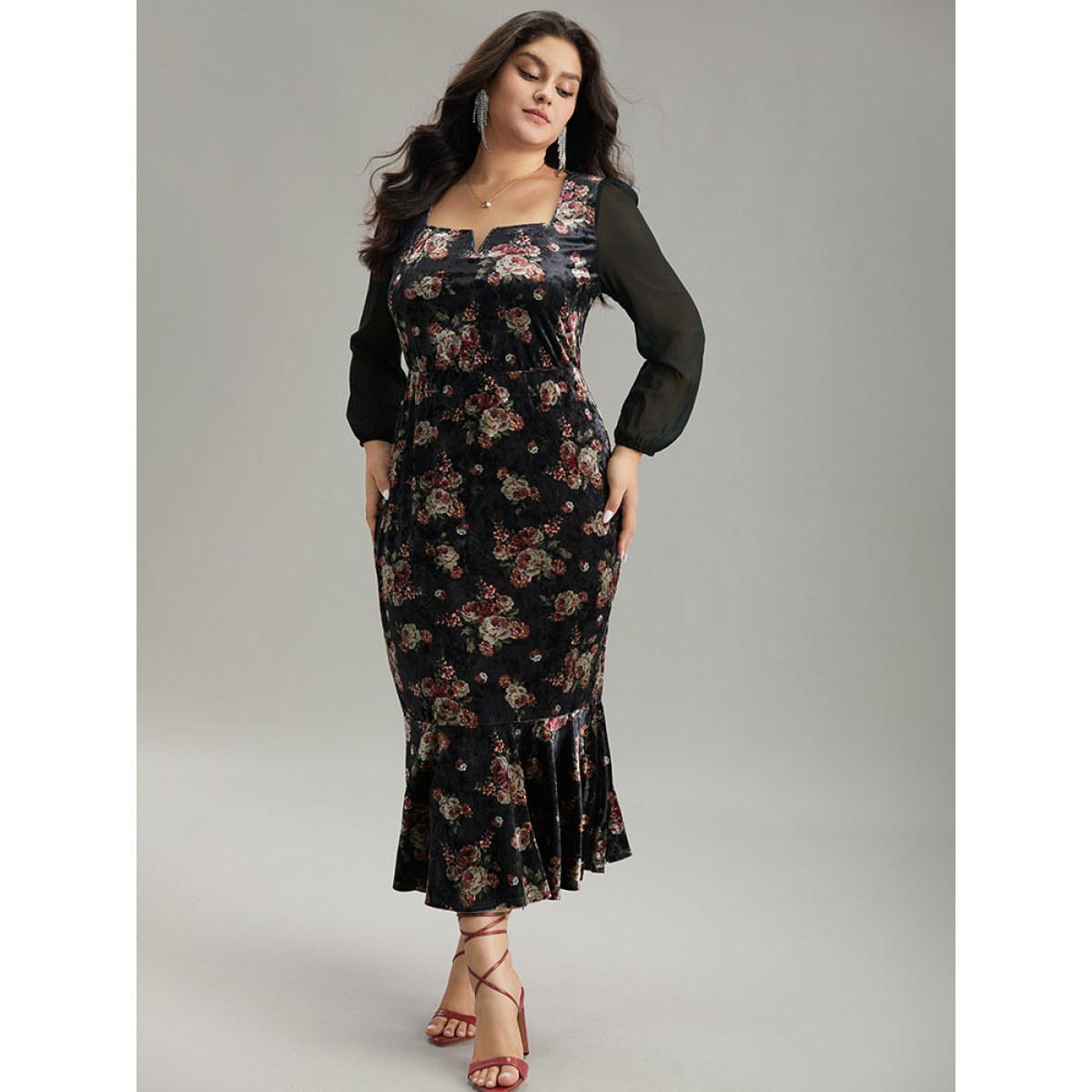 Plus Size Velvet Floral Notched Ruffles Mermaid Hem Dress Black Women Cocktail Velvet Notched collar Long Sleeve Curvy Midi Dress BloomChic 22-24/3X Product Image