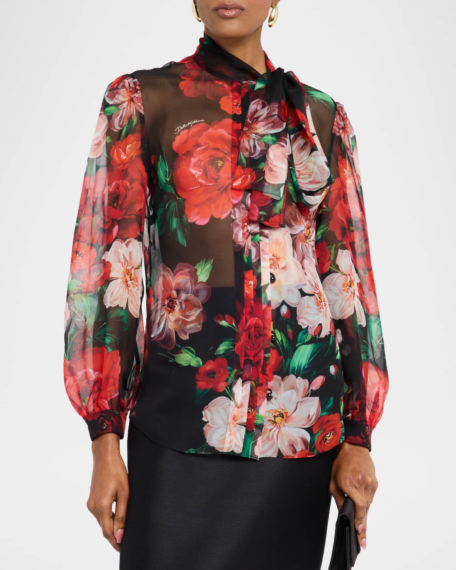 Rose Bouquet Chiffon Neck-Tie Blouse Product Image