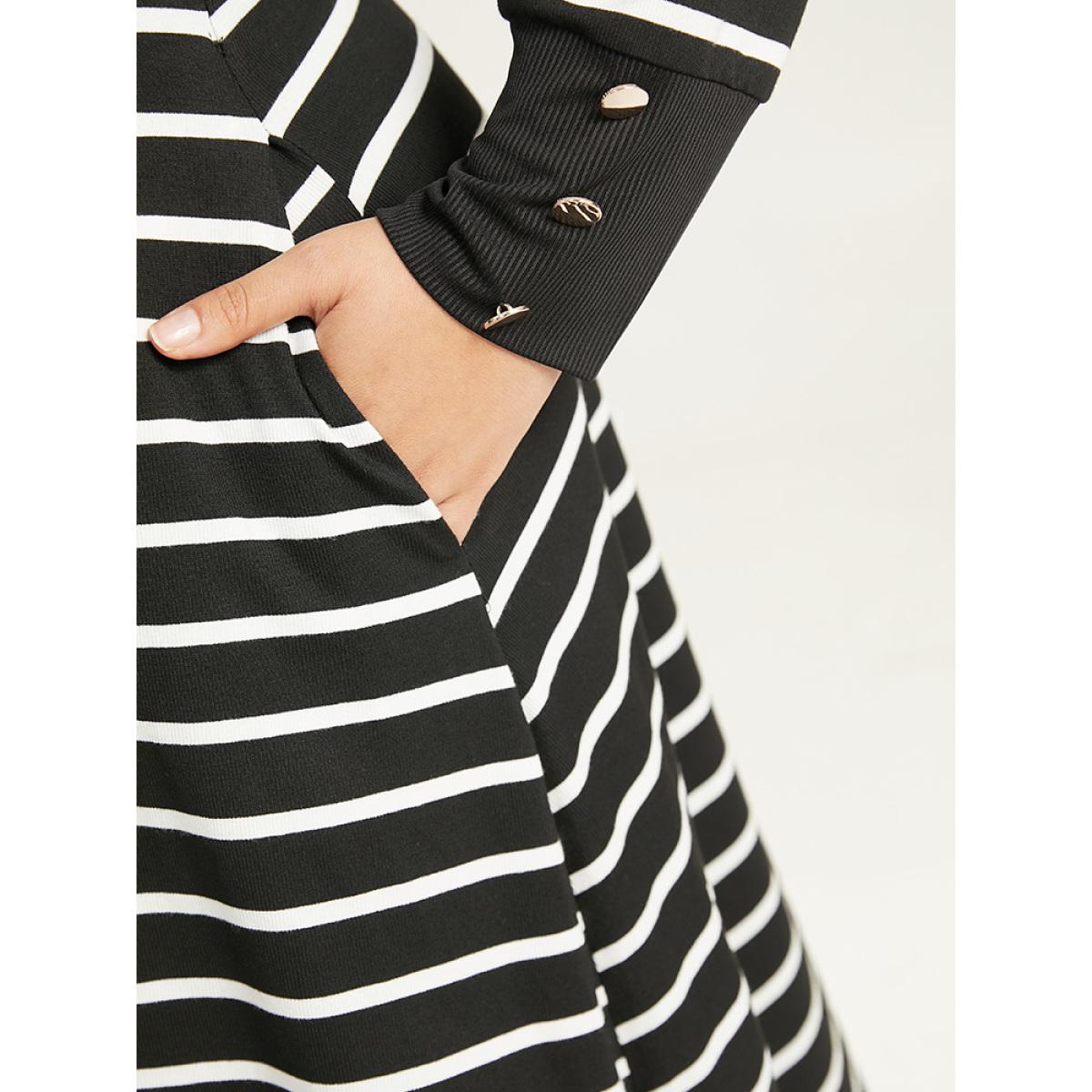Plus Size Rib Knit Striped Button Detail Patchwork Dress Black Women Casual Printed Round Neck Long Sleeve Curvy Midi Dress BloomChic 30/6X Product Image