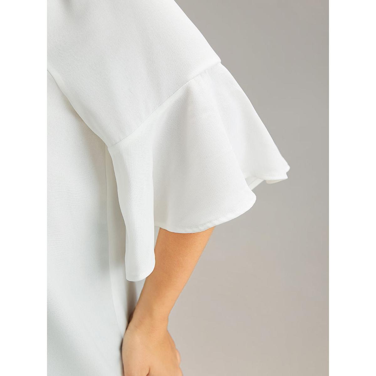 Plus Size White Bandana Patchwork Tassel Trim Flutter Sleeve Blouse Women Vacation Half Sleeve Tie Neck Vacation Blouses BloomChic 14-16/1X Product Image