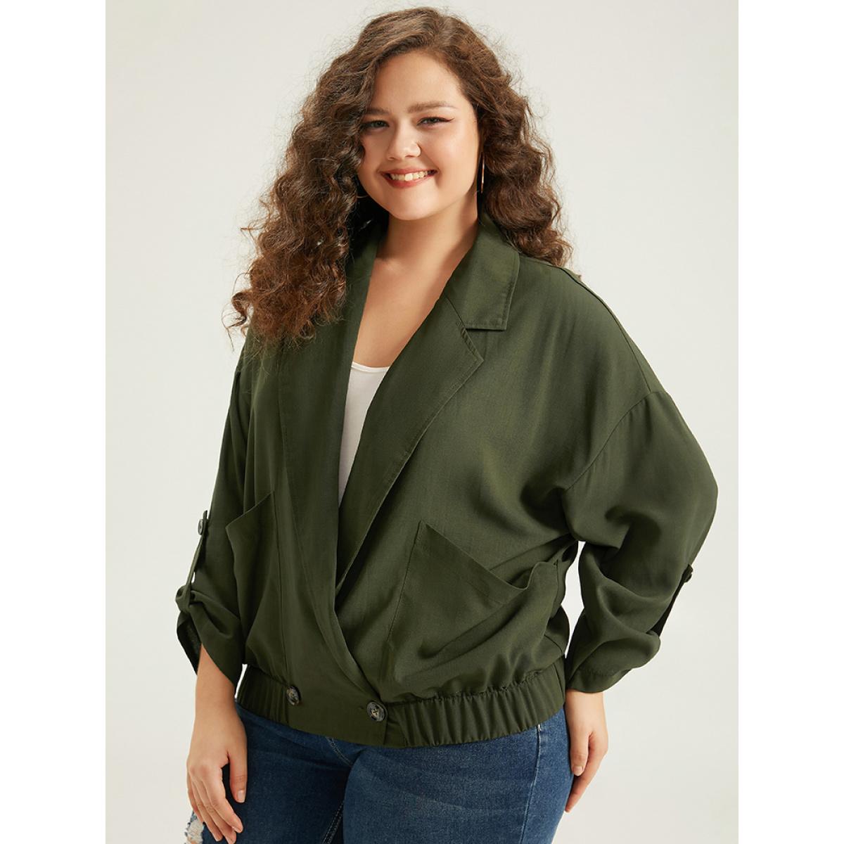 Plus Size Lapel Collar Solid Gathered Tab Sleeve Jacket Women ArmyGreen Plain Pocket Dailywear Jackets BloomChic 12/L Product Image
