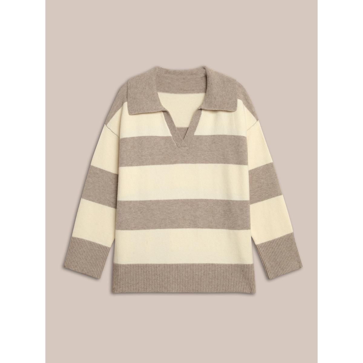 Plus Size Supersoft Essentials Contrast Slit Hem Texture Pullover Tan Women Casual Loose Long Sleeve Polo Everyday Pullovers BloomChic 14-16/1X Product Image