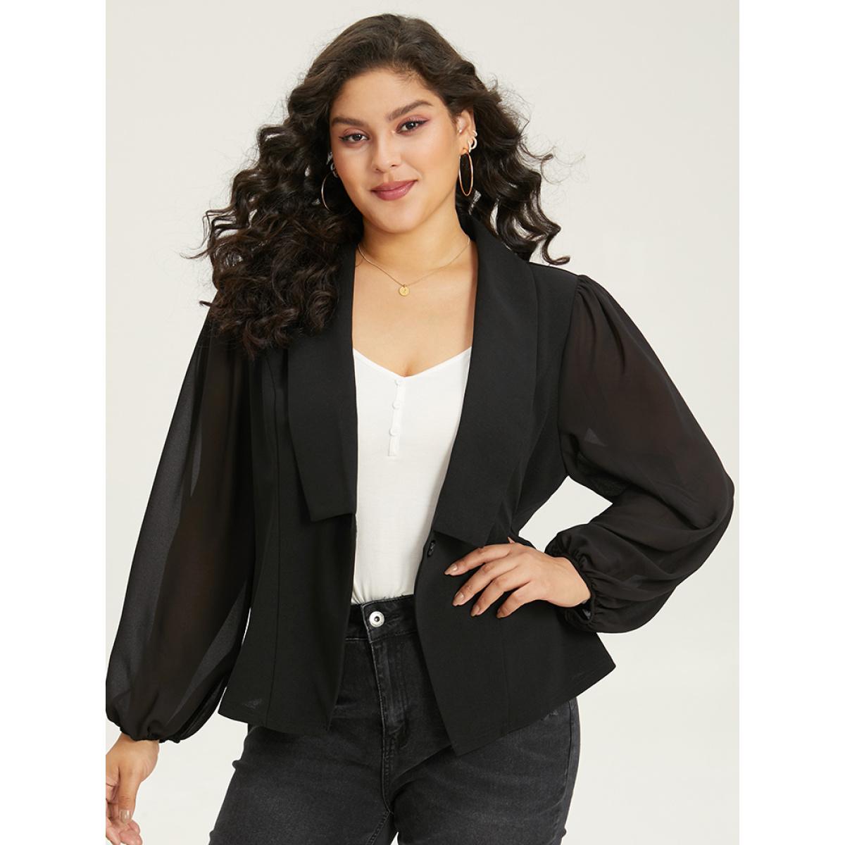 Plus Size Solid Suit Collar Gathered Blazer Black Women Dailywear Plain Elastic cuffs Sleeve Long Sleeve Suit Collar 22-24/3X Casual Blazers BloomChic Product Image