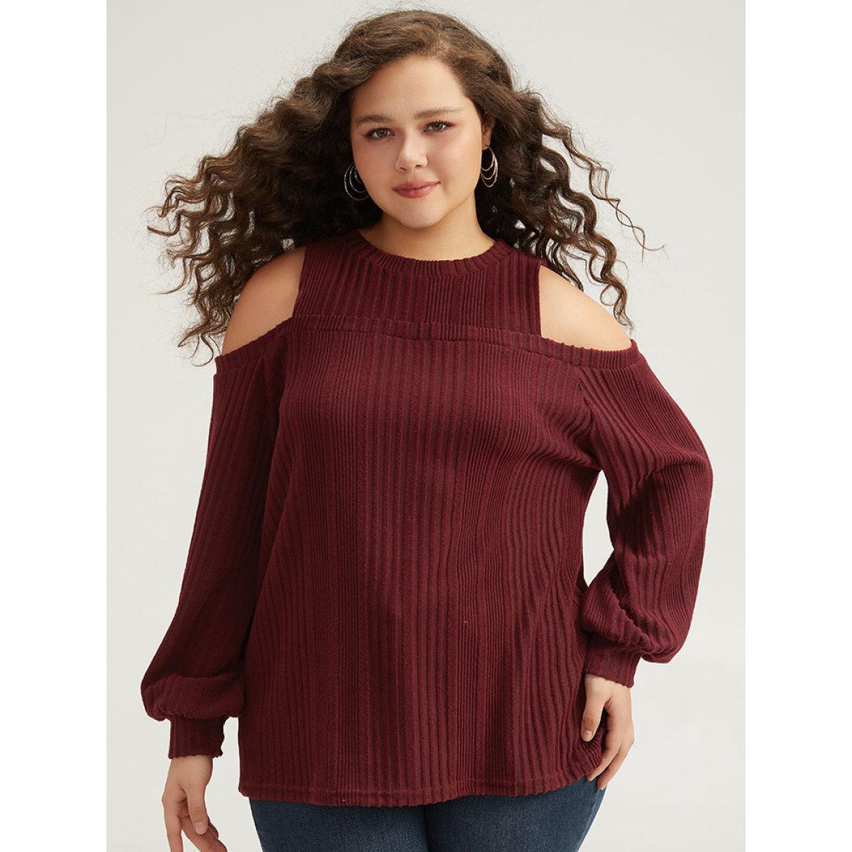 Plus Size Plain Rib Knit Elastic Cuffs Cold Shoulder Sweatshirt Women Scarlet Elegant Elastic cuffs Round Neck Dailywear Sweatshirts BloomChic 14-16/1X Product Image