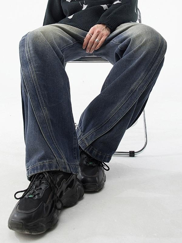 Men's Vintage Wash Splice Loose Jeans Product Image