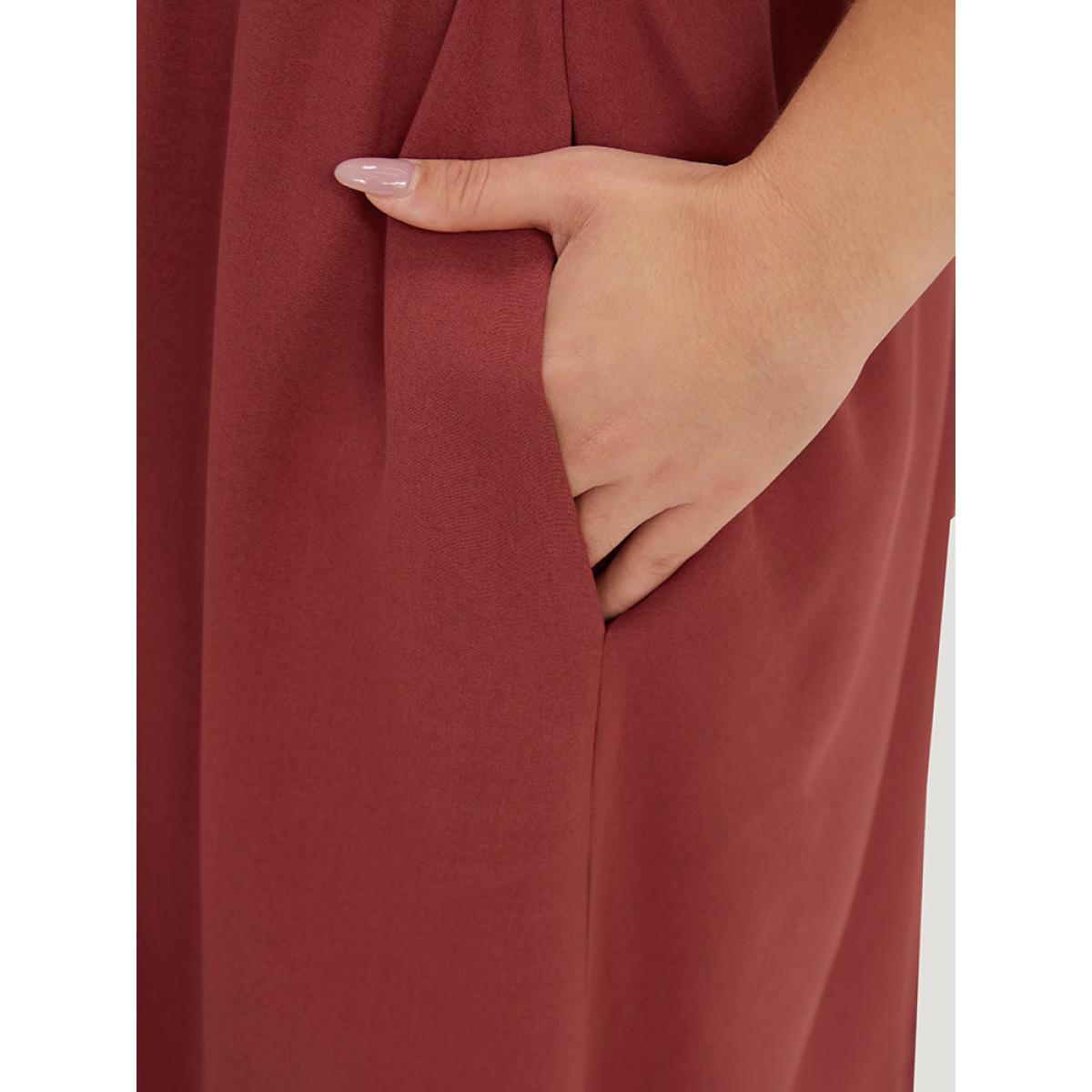 Plus Size Plain Elastic Cuffs Pocket Laser Cut Dress Russet Women Elegant Elastic cuffs V-neck Elbow-length sleeve Curvy Midi Dress BloomChic 18-20/2X Product Image