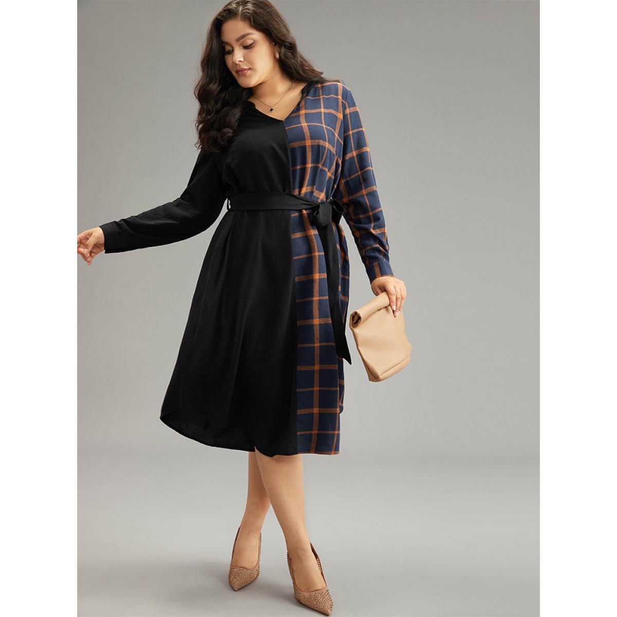 Plus Size Plaid Patchwork Notched Belted Dress Black Women Office Belted Notched collar Long Sleeve Curvy Midi Dress BloomChic 18-20/2X Product Image