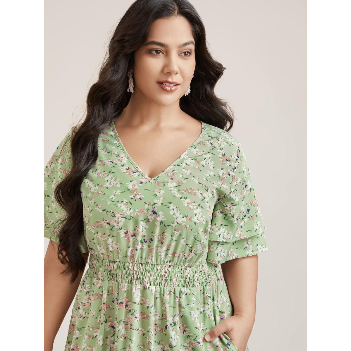 Plus Size Floral Print Shirred Waist Layered Sleeve Dress LightGreen Women Elegant Tiered V-neck Short sleeve Curvy BloomChic 18-20/2X Product Image