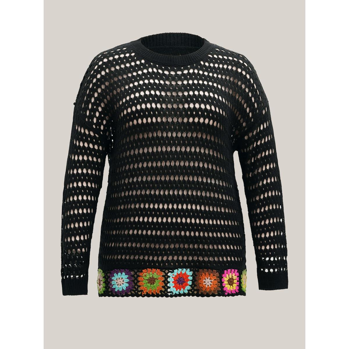 Plus Size Hand Crochet Floral Cut-Out Pullover Black Women Casual Long Sleeve Round Neck Everyday Pullovers BloomChic 18-20/2X Product Image