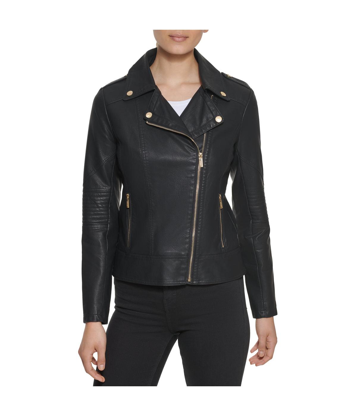 Faux Leather Asymmetrical Moto Jacket Black Product Image