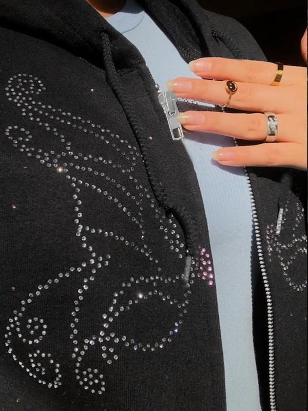 Vintage Butterfly Rhinestone Zip Up Oversized Hoodie Product Image
