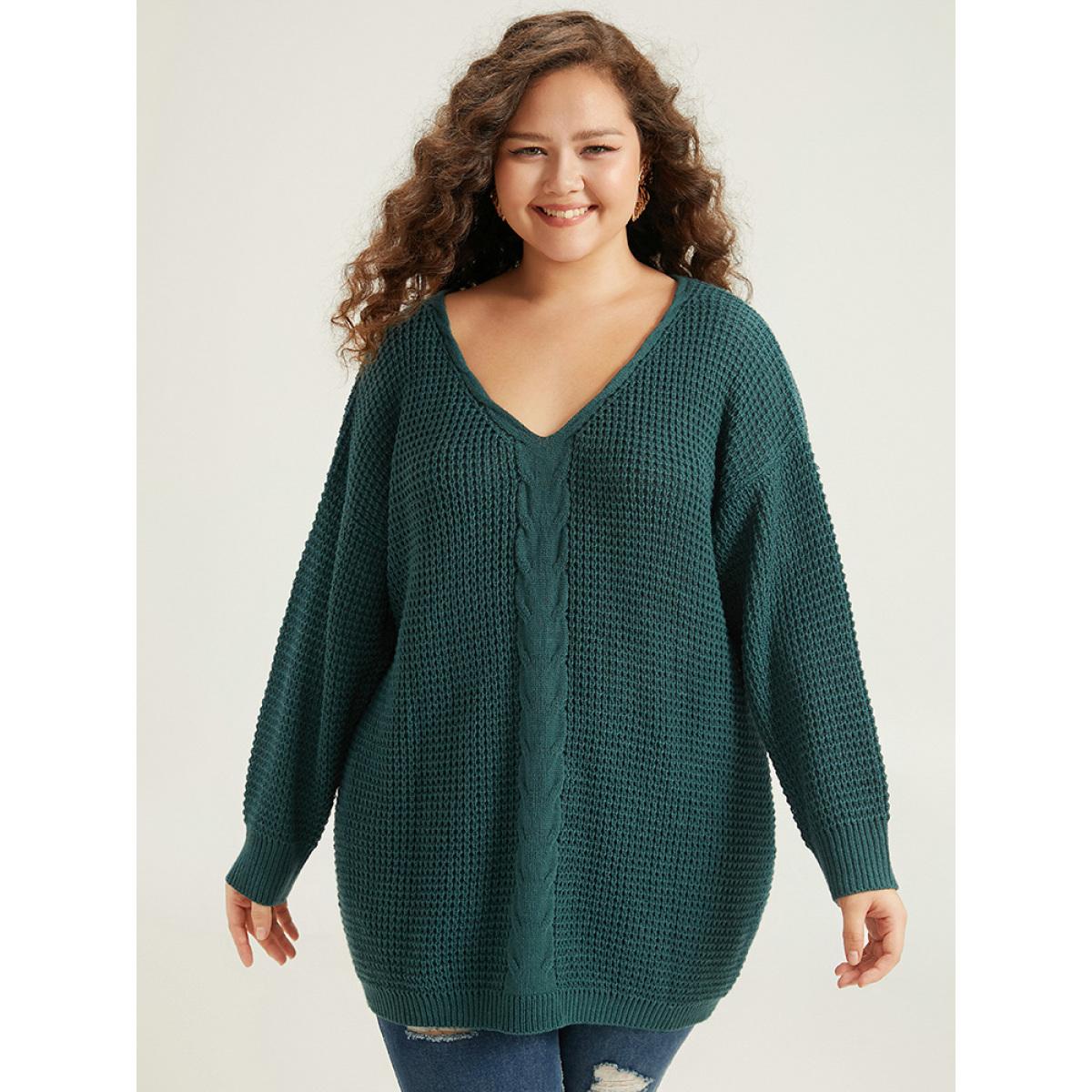 Plus Size Cable Knit Plain Elastic Cuffs Pullover Cyan Women Casual Loose Long Sleeve V-neck Dailywear Pullovers BloomChic 18-20/2X Product Image
