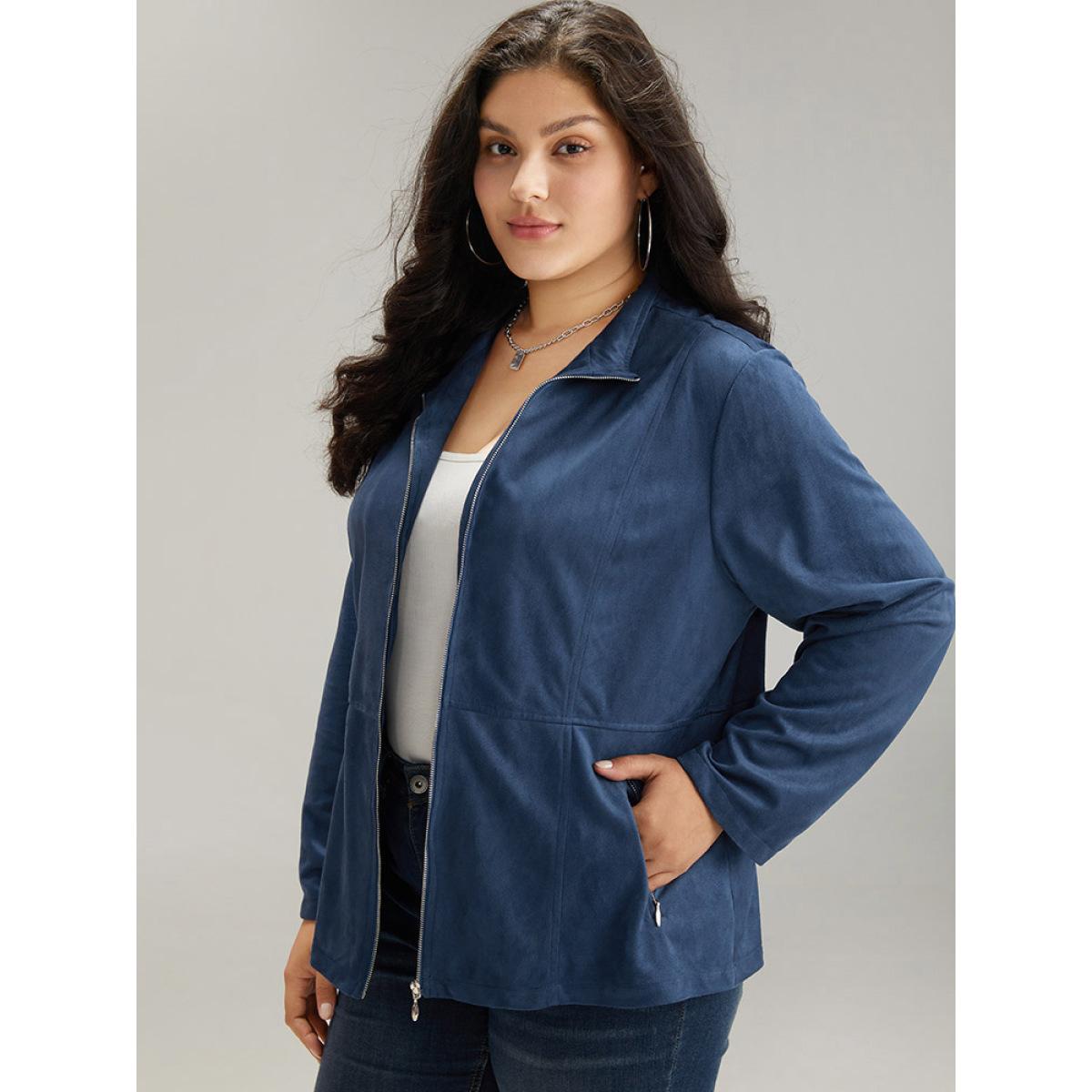 Plus Size Solid Pocket Zipper Jacket Women Indigo Plain Pocket Dailywear Jackets BloomChic 12/L Product Image