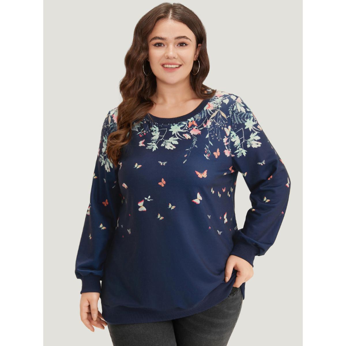 Plus Size Boho Print Elastic Cuffs Round Neck Sweatshirt Women Blue Elegant Elastic cuffs Round Neck Dailywear Sweatshirts BloomChic 30/6X Product Image