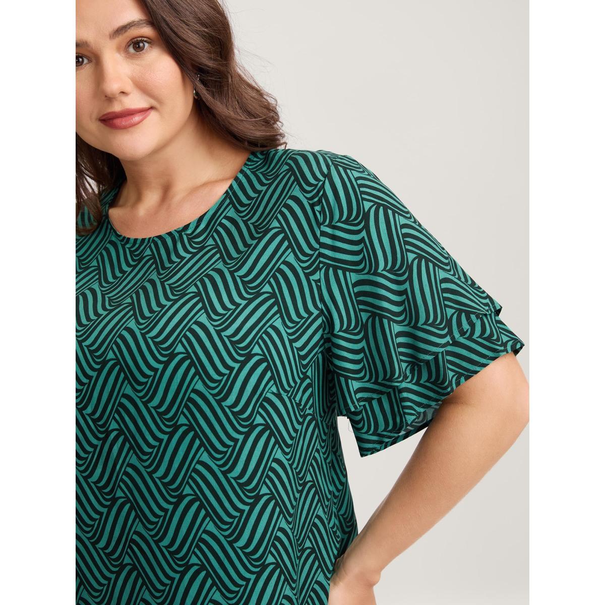 Plus Size Cyan Rayon Geometric Print Layered Sleeve Blouse Women Office Short sleeve Round Neck Office Blouses BloomChic 12/L Product Image