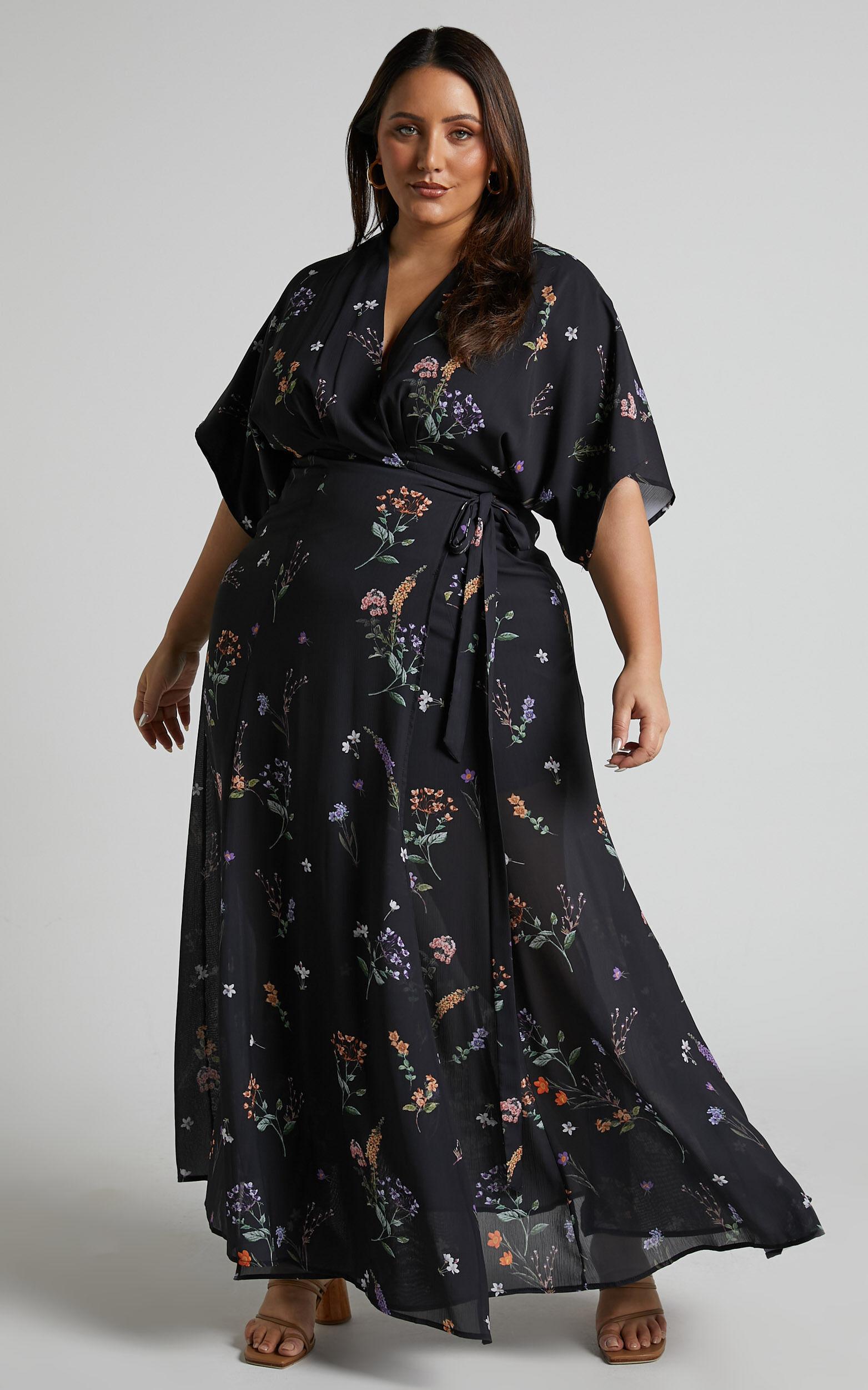 Erenza Maxi Dress - Extended Sleeve Wrap Dress in Black Flower Field Product Image