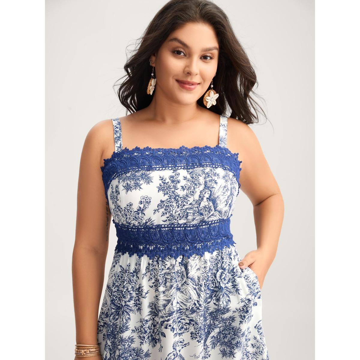 Plus Size Floral Dreams Lace Spliced Tiered Midi Dress DarkBlue Women Woven ribbon&lace trim Non Sleeveless Curvy BloomChic 26/4X Product Image