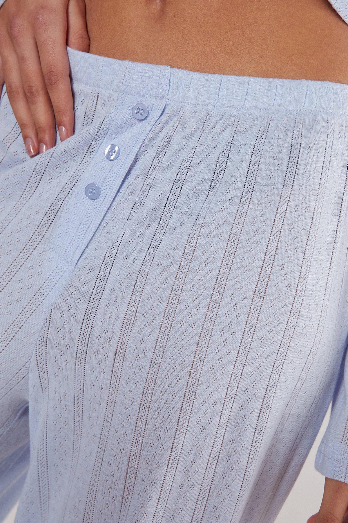 Pointelle Long Sleeve Cropped Top And Trouser Pajama Set Product Image