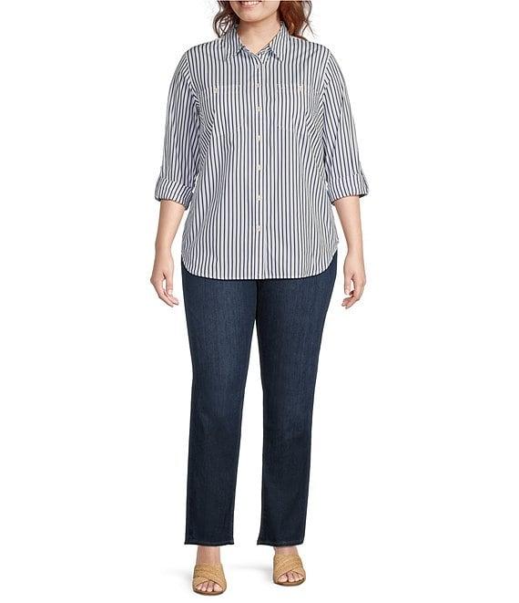 Lauren Ralph Lauren Plus Size Long Roll-Tab Sleeve Striped Button Front Cotton Shirt Product Image