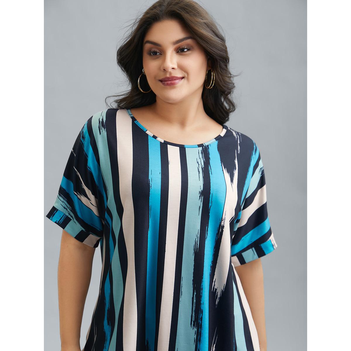 Plus Size Striped Print Dolman Sleeve T-Shirt Multicolor Women Casual Contrast Round Neck Everyday T-shirts BloomChic 10/M Product Image