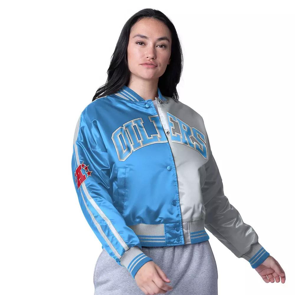 Women's Starter Light Blue/Silver Houston Oilers Gridiron Classics Zone Blitz Cropped Full-Snap Satin Jacket,  Product Image