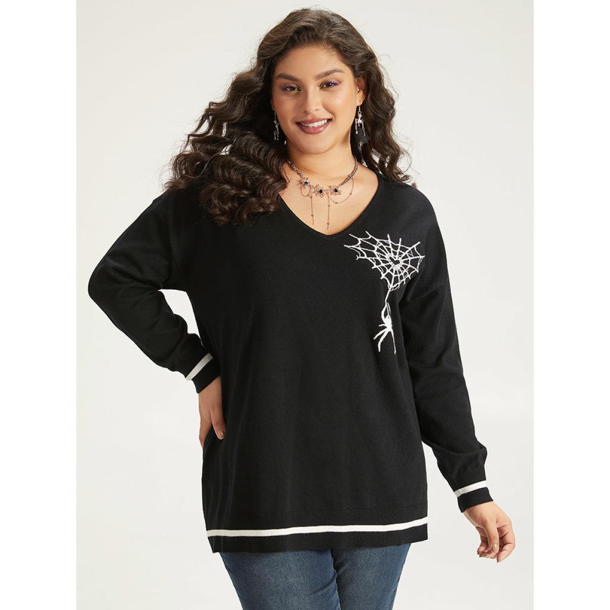 Plus Size Halloween Supersoft Essentials Spider Web Print Contrast Trim Pullover Black Women Casual Loose Long Sleeve V-neck Festival-Halloween Pullovers BloomChic 28/5X Product Image