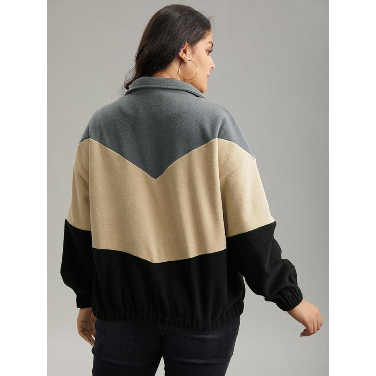 Plus Size Colorblock Contrast Zipper Drop Shoulder Jacket Women Gray Elastic cuffs Dailywear Jackets BloomChic 18-20/2X Product Image