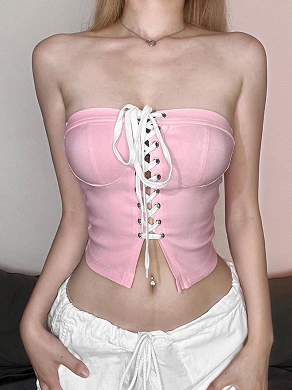 Solid Crossover Tie Up Cropped Bandeau Top Product Image