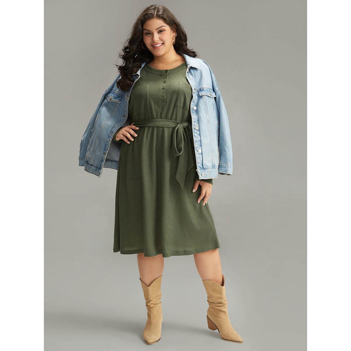 Plus Size Plain Textured Belted Button Up Dress ArmyGreen Women Casual Texture Round Neck Long Sleeve Curvy Midi Dress BloomChic 12/L Product Image