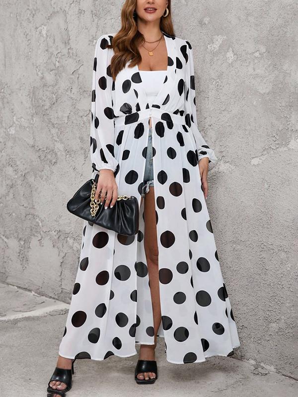 High Waisted Long Sleeves Pleated Polka-Dot See-Through Split-Joint Deep V-Neck Maxi Dresses Outerwear Product Image