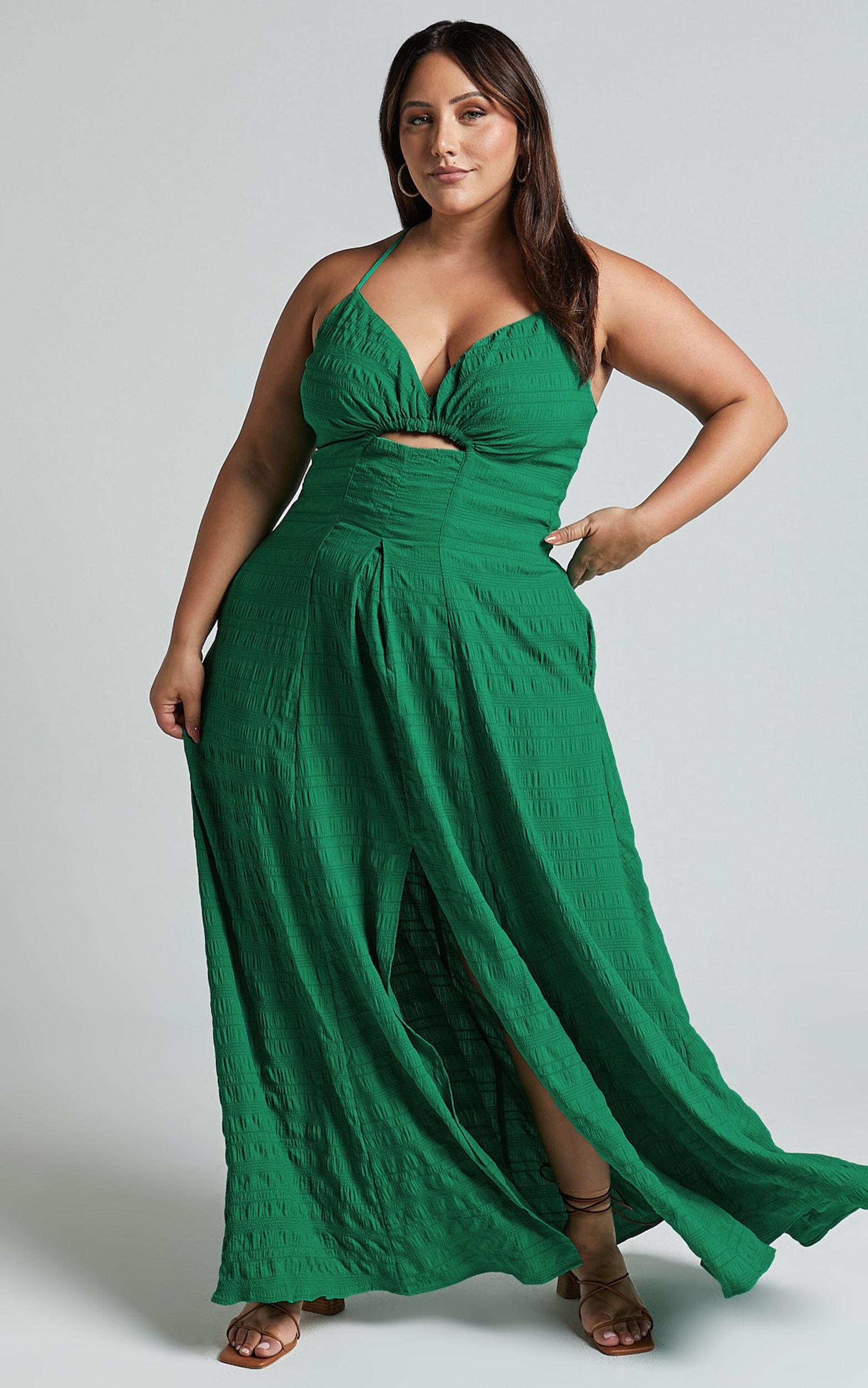 Marisse Maxi Dress - Cut Out Front Split Cross Back Textured Dress in Green Product Image