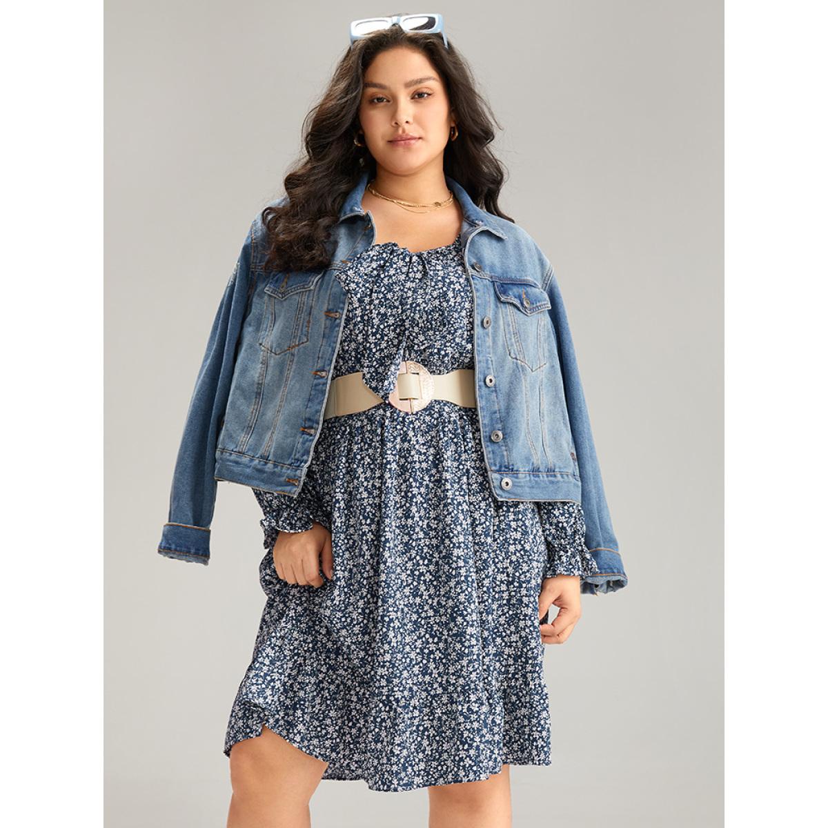 Plus Size Ditsy Floral Flutter Trim Shirred Knot Neck Dress Stone Women Elegant Cross straps Tie Neck Long Sleeve Curvy Knee Dress BloomChic 10/M Product Image