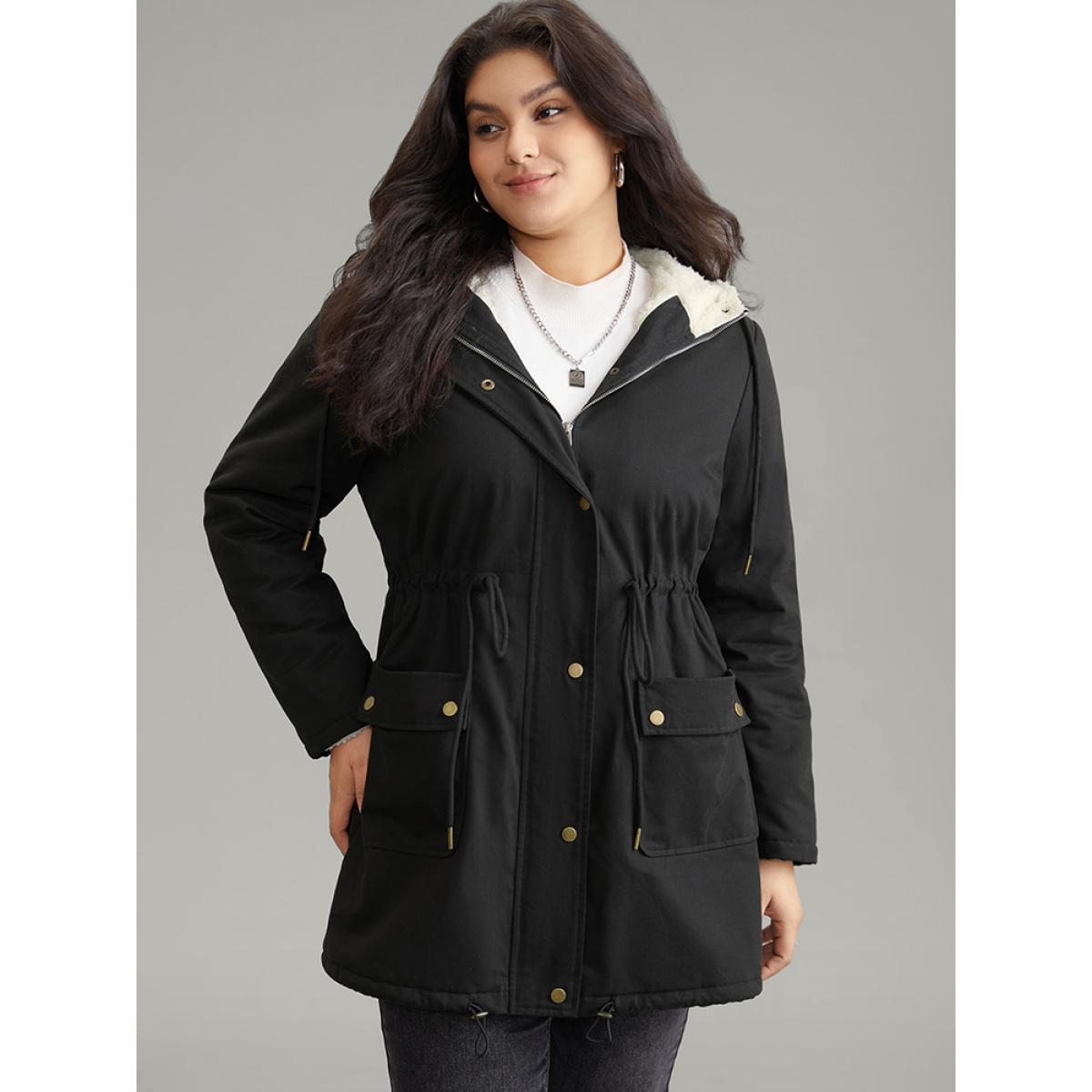 Plus Size Patchwork Drawstring Fuzzy Trim Hooded Zipper Coat Women Black Casual Lined Ladies Dailywear Winter Coats BloomChic 14-16/1X Product Image