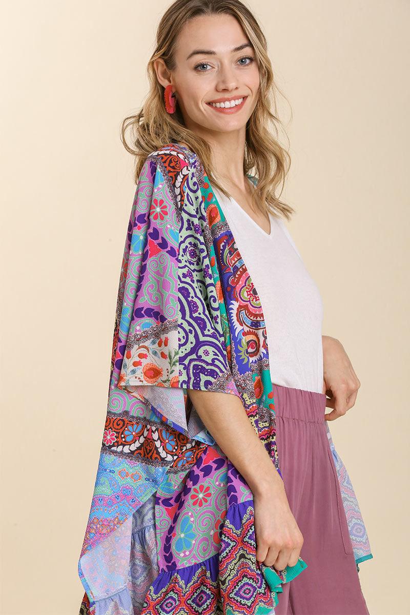 Mixed Print Ruffle Hem Open Front Cover Up Product Image
